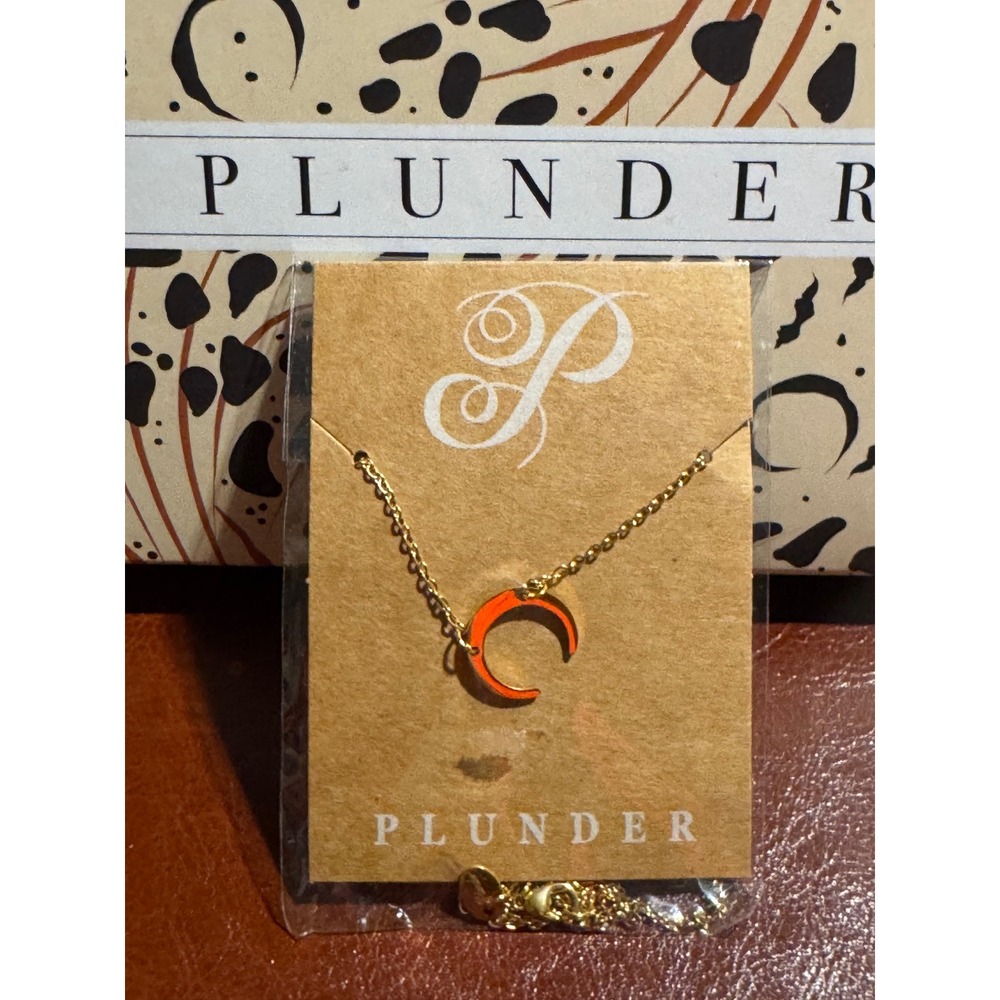 Plunder Design Orange Enamel Crescent Moon Necklace Gold Tone Celestial NEW